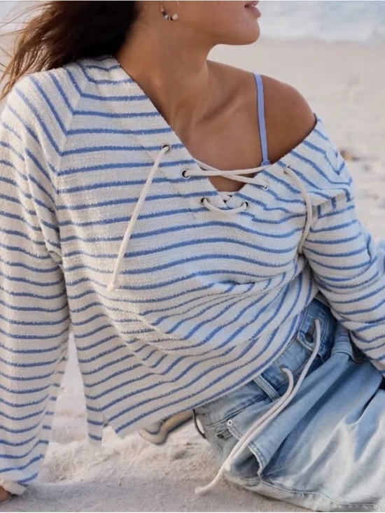 aerie Tops - NEW Aerie Blue & White Stripe Terry Cloth Lace Up Pullover Sweatshirt Medium
